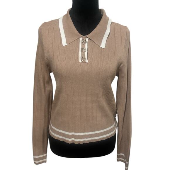 Daisy May Tops - Daisy May Tan & White Collared Sweater—Size Large—NWT